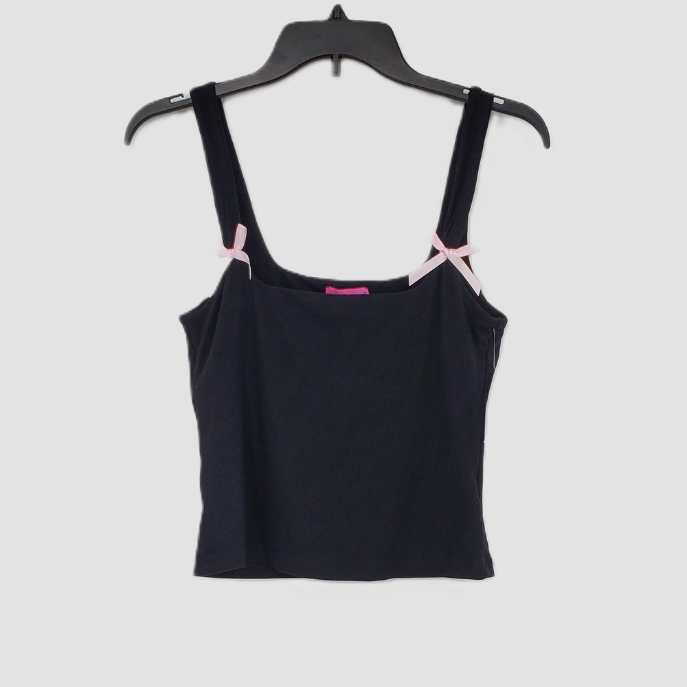 Edikted PacSun Black Ribbed Tank Top Pink Bows Square Neck Coquette Medium New